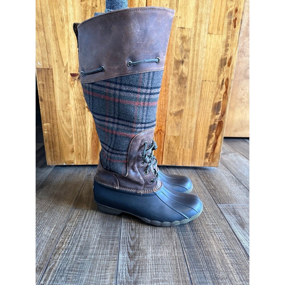 Sperry Saltwater Sela Tall Boots Sz. 8.5 Brown Wool Plaid